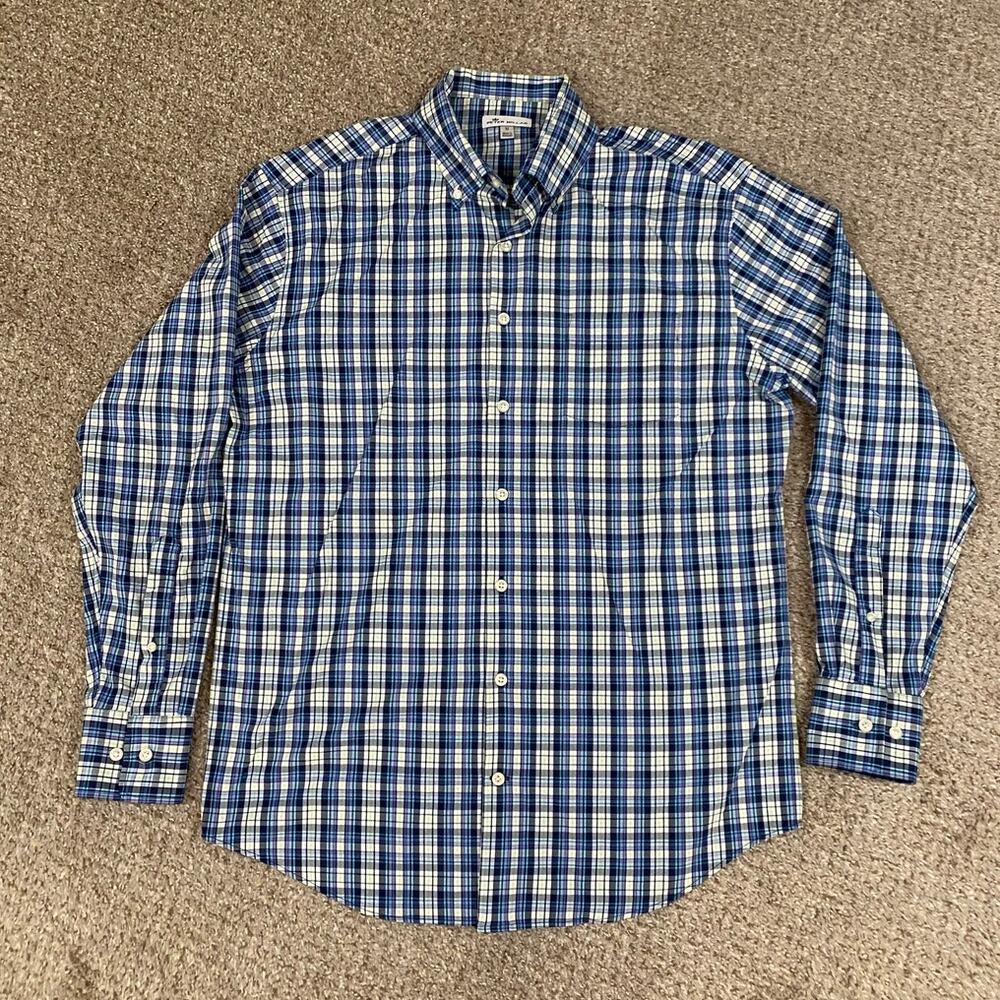 Peter Millar Shirt Mens M Long Sleeve Button Up Plaid Office Preppy Blue